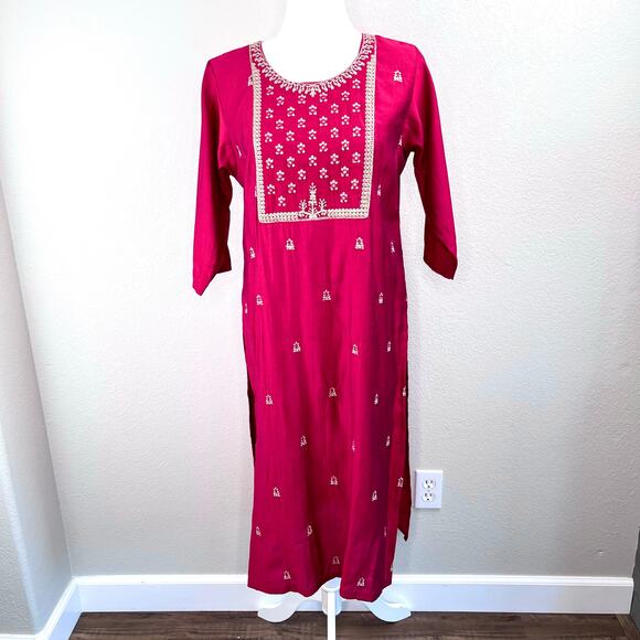 Fuchsia Pink Gold Chikankari Indian High Slits Half Sleeve Kurta Tunic Top M/L - Picture 10 of 13